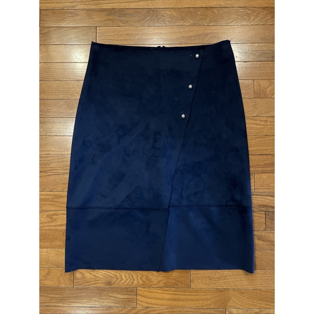 DIP Navy Blue Faux Suede Wrap Skirt Womens Size 14 Silver Button Midi Stretch